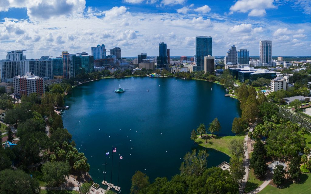 City of Orlando with Lake Eola and Downtown Orlando; supporting Orlando's Black businesses