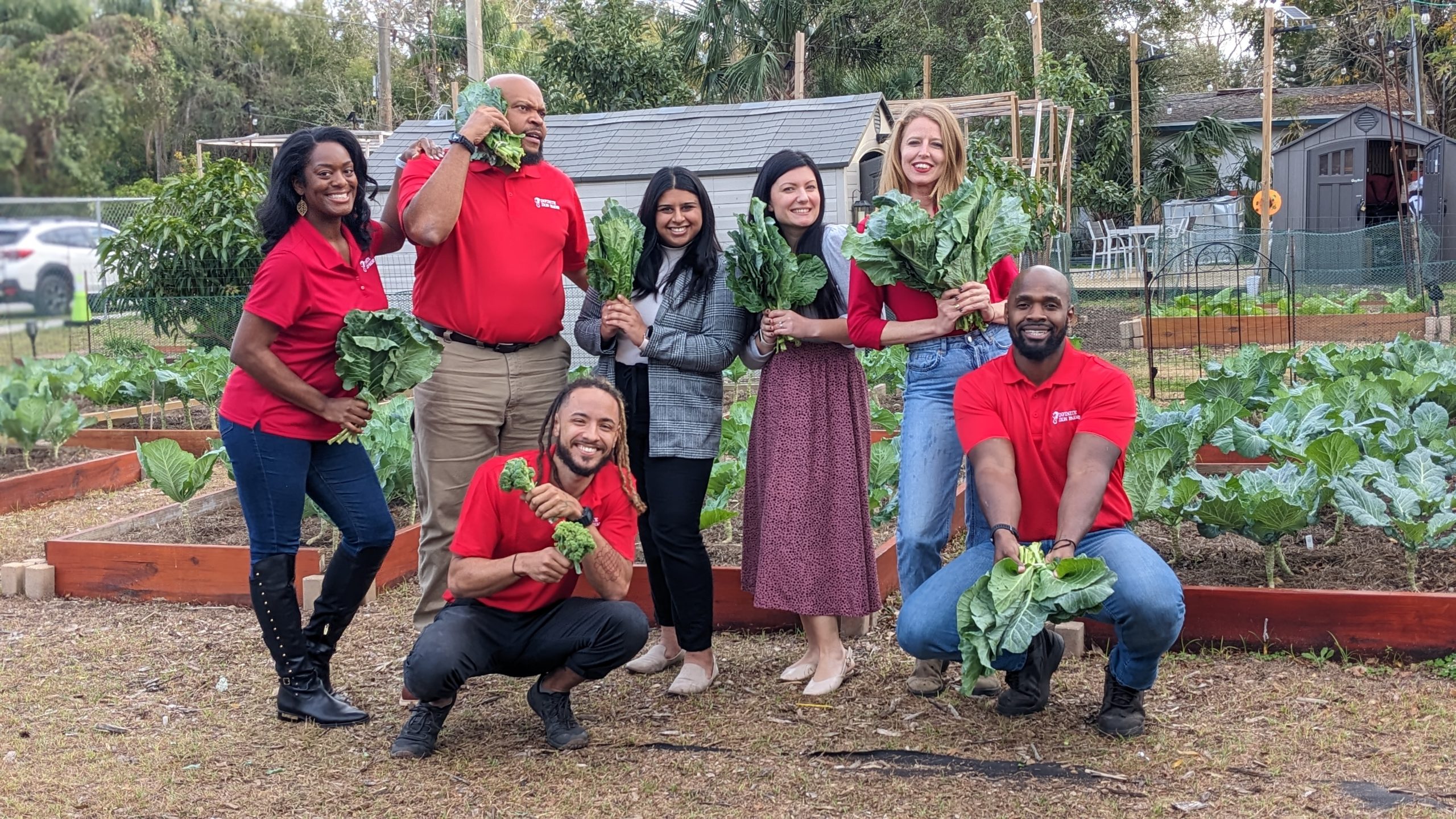 people standing in an urban farm with collard greens