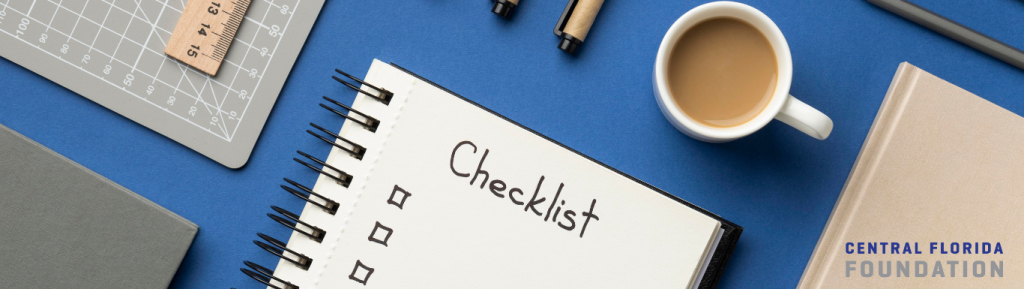 charitable tax rules, checklist with coffee and book