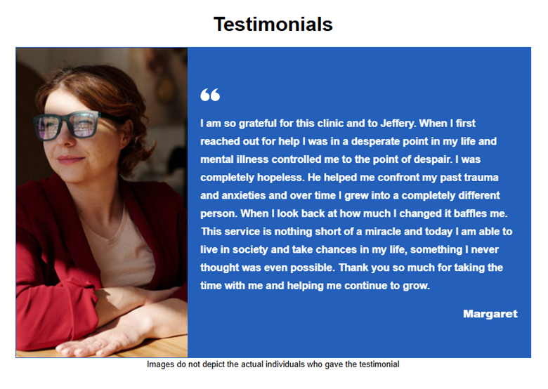 an image of a woman with glasses looking content, a testimonial from the Sanford Outlook Clinic, mental health awareness month